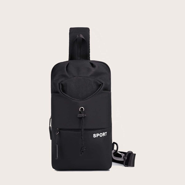 

Men Drawstring Decor Letter Graphic Sling Bag, Black