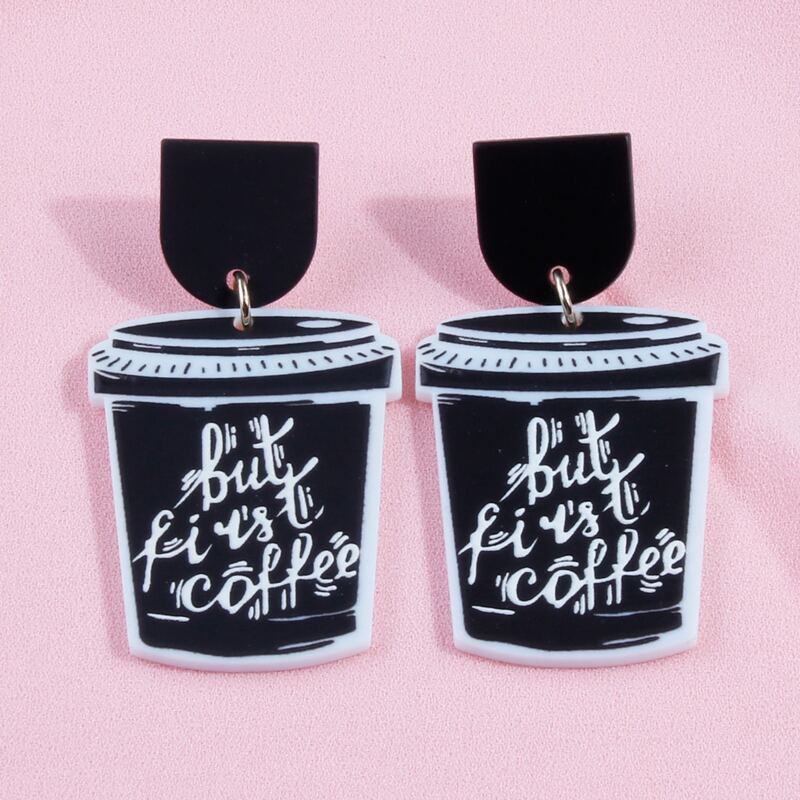 

Coffee Charm Drop Earrings, Black and white