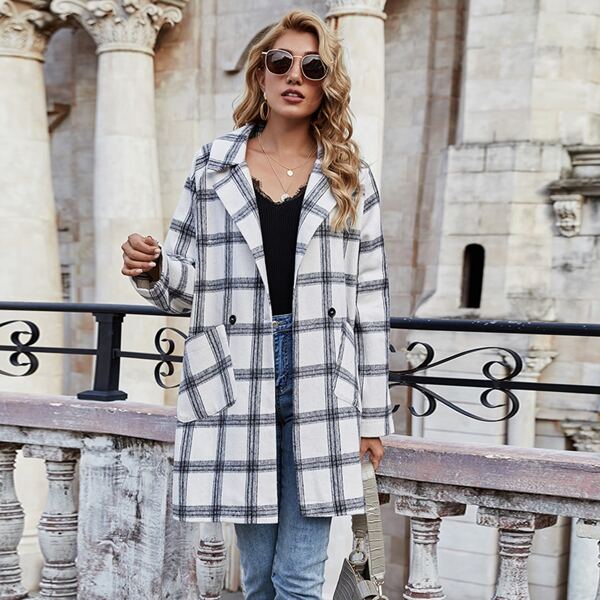 

Lapel Collar Double Pocket Plaid Coat, Black and white
