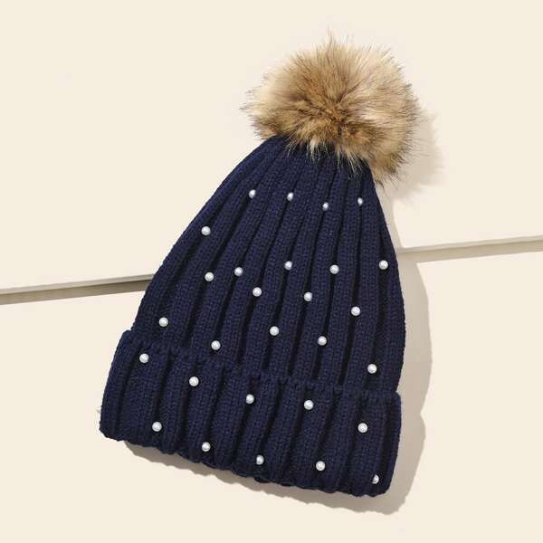 

Faux Pearl Decor Beanie, Navy blue