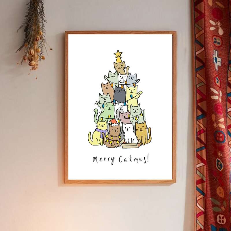 

Christmas Cat Print Wall Painting Without Frame, White
