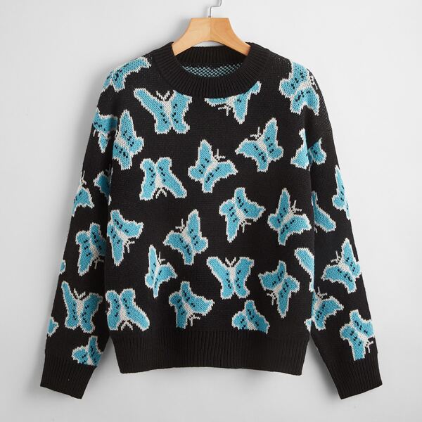 

Drop Shoulder Butterfly Pattern Sweater, Multicolor