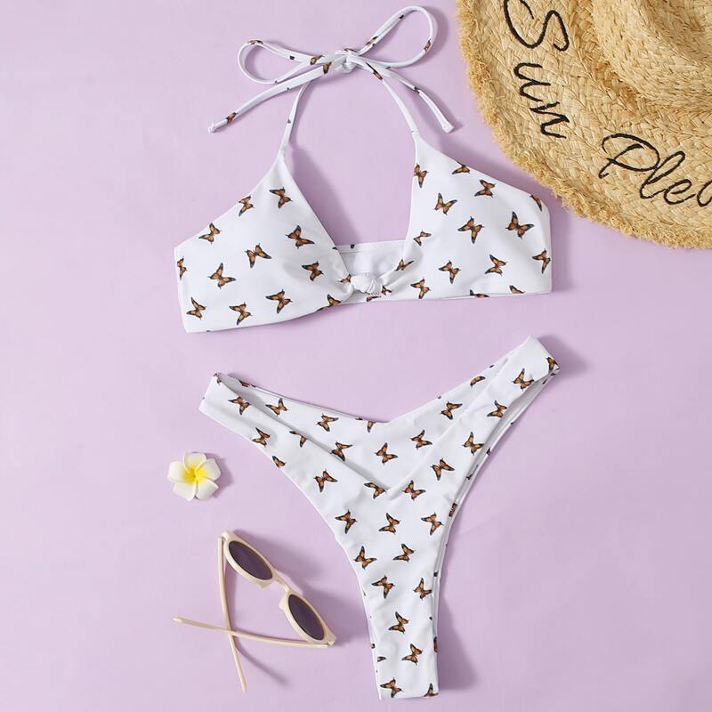 

Butterfly Print High Leg Bikini Swimsuit, White