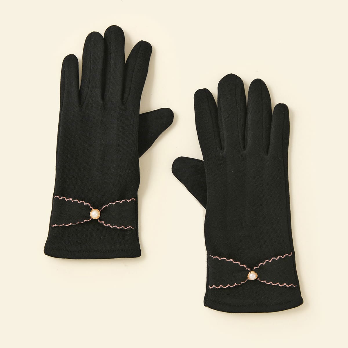 

Faux Pearl Decor Gloves, Black