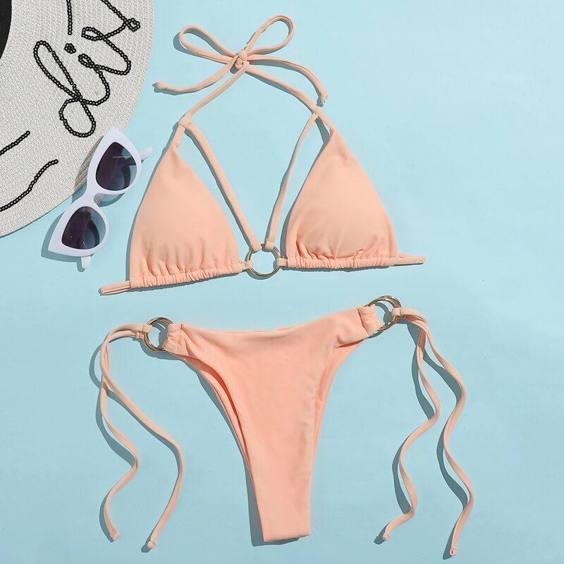 

Ring Linked Triangle Thong Bikini Swimsuit, Coral pink