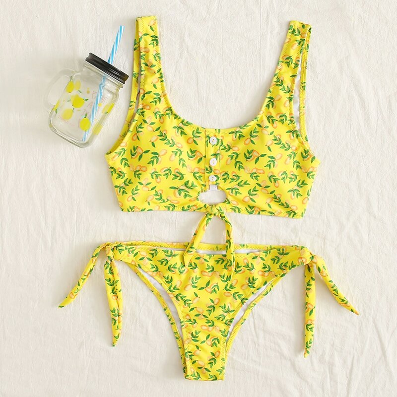 

Fruit Print Knot Decor Bikini Swimsuit, Yellow
