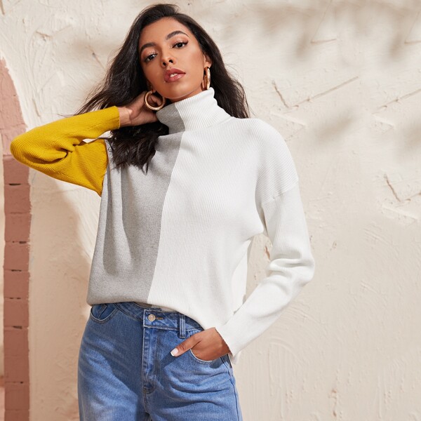 

Colorblock High Neck Drop Shoulder Sweater, Multicolor