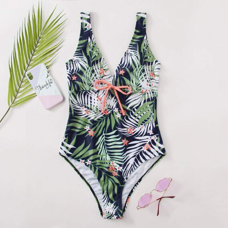 

Tropical Leaf Print Tank One Piece Swimsuit, Multicolor