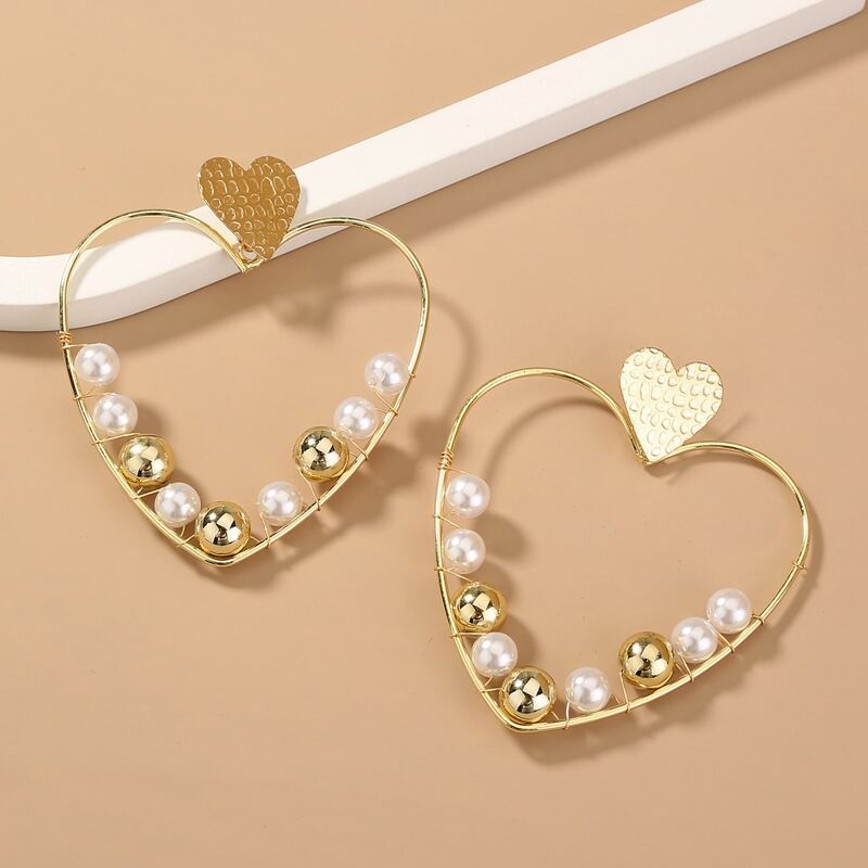 

Faux Pearl Decor Heart Drop Earrings, Gold