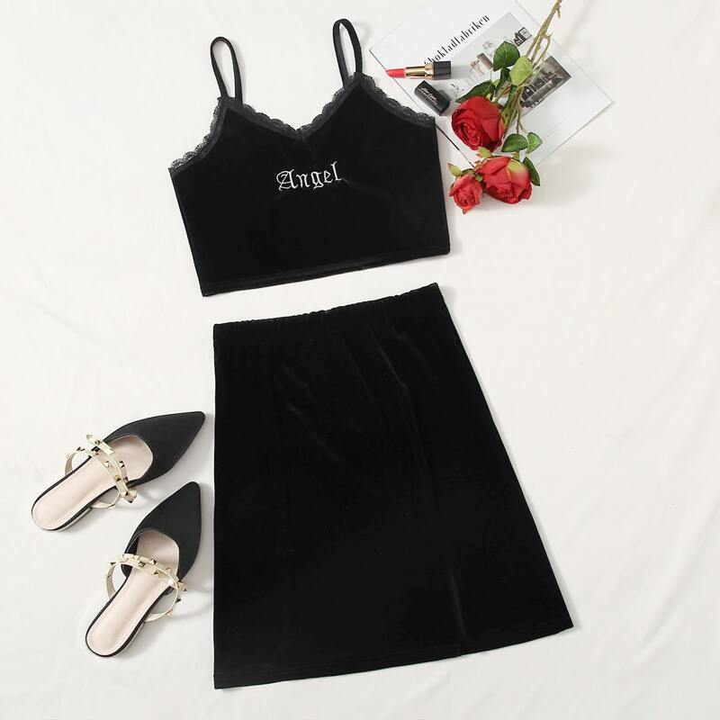 

Velvet Letter Embroidery Crop Cami & Solid Skirt, Black