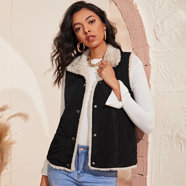 

Button Front Teddy Lined Vest Coat, Black