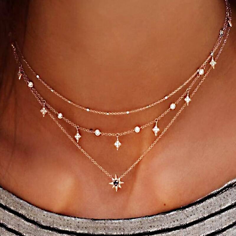 

Rhinestone Star Layered Necklace, Gold