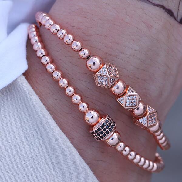 

2pcs Men Rhinestone Decor Beaded Bracelet, Rose gold