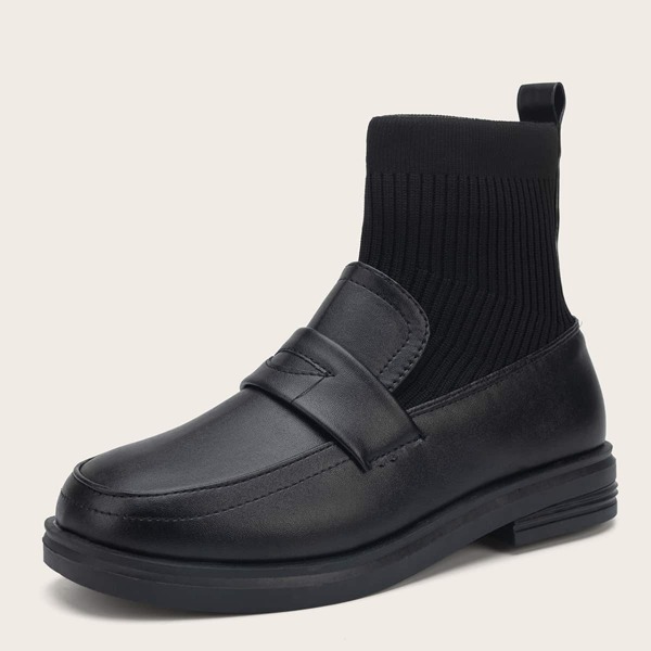 

Round Toe Contrast PU Sock Boots, Black