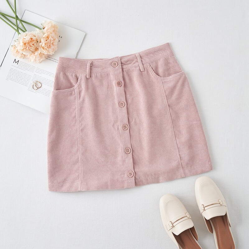 

Solid Corduroy Button Front Skirt, Baby pink