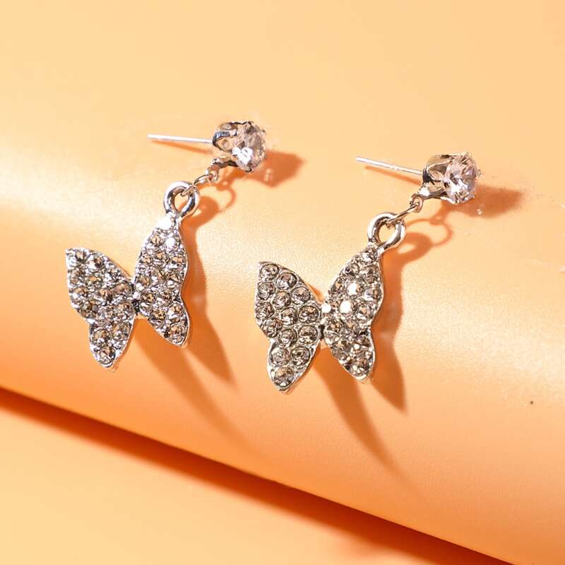

Rhinestone Butterfly Drop Earrings, Silver