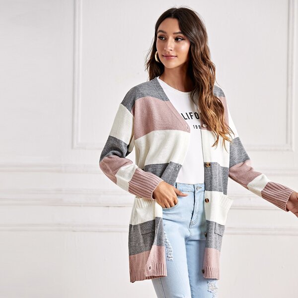 

Pocket Front Colorblock Cardigan, Multicolor