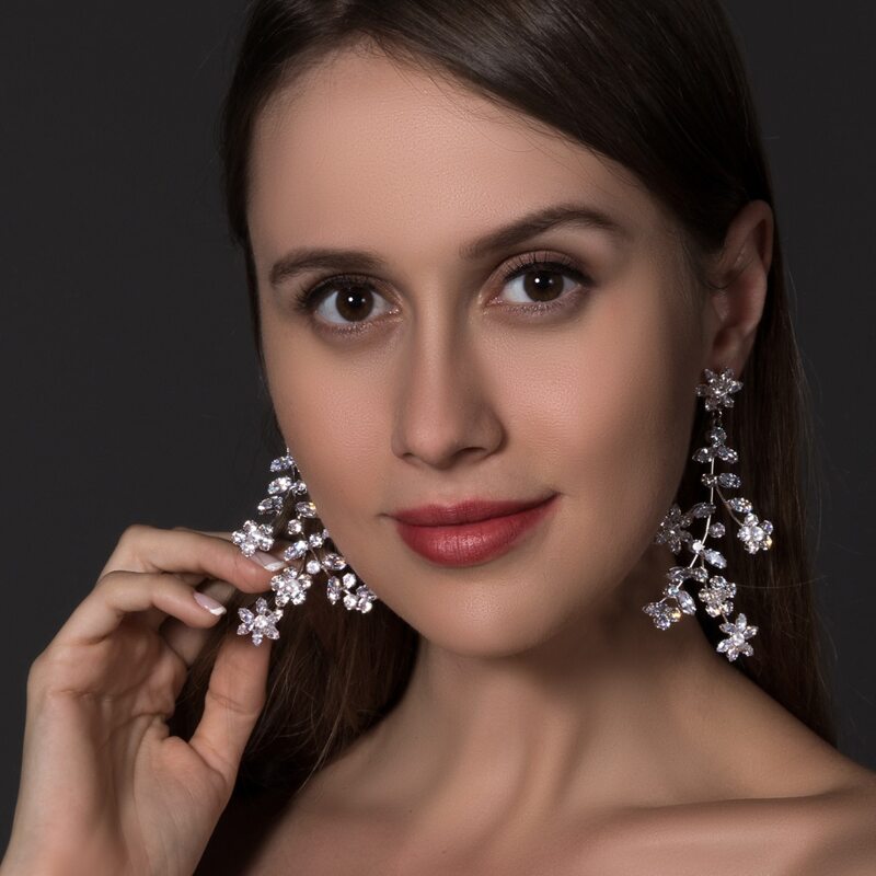 

Rhinestone Flower Drop Earrings, Silver