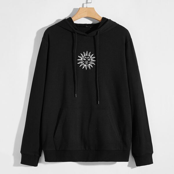 

Men Sun Print Drawstring Hoodie, Black
