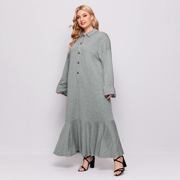 

Plus Button Front Ruffle Hem Dress, Grey