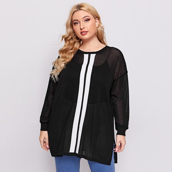 

Plus Striped Drop Shoulder Sheer Split Hem Sweater, Black