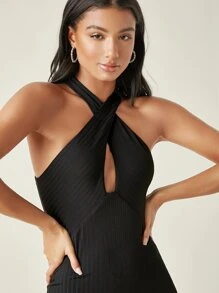 SHEIN Dress Memotong Plain Anggun - Hitam - View 3