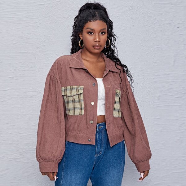 

Plus Plaid Pocket Patched Corduroy Jacket, Dusty pink