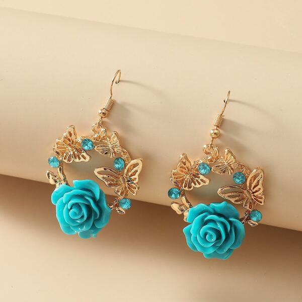 

Flower & Butterfly Decor Round Drop Earrings, Blue