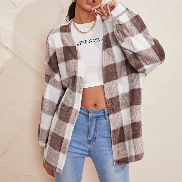 

Open Front Lantern Sleeve Buffalo Plaid Coat, Multicolor