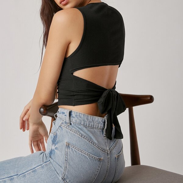 

Tie Back Crop Tank Top, Black