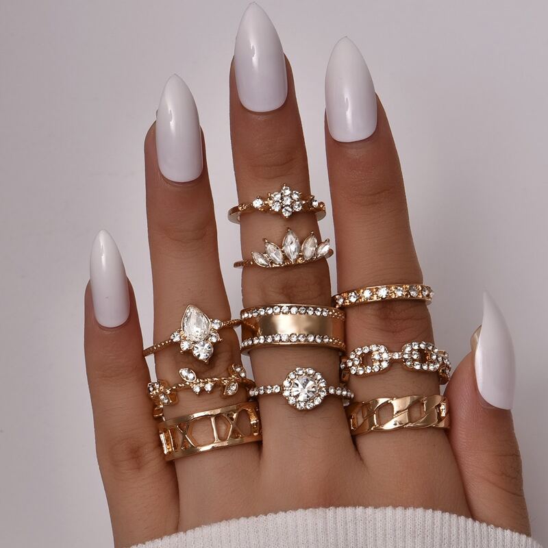 

10pcs Rhinestone Decor Ring, Gold