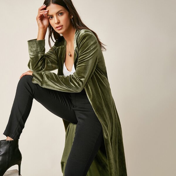 

Lapel Neck Belted Velvet Coat, Army green