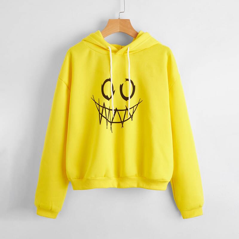 

Cartoon Graphic Drawstring Hoodie, Yellow bright