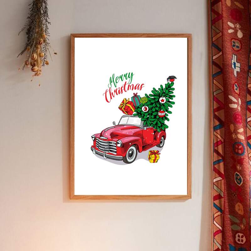 

Christmas Car Print Wall Painting Without Frame, White