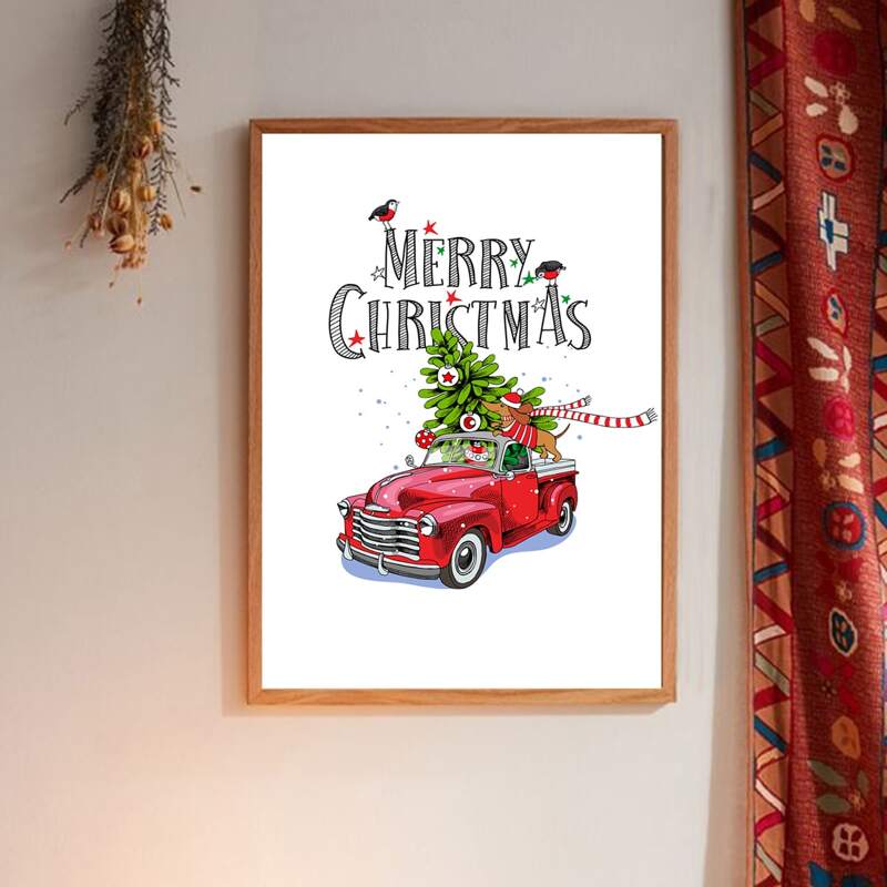 

Christmas Car Print Wall Painting Without Frame, White