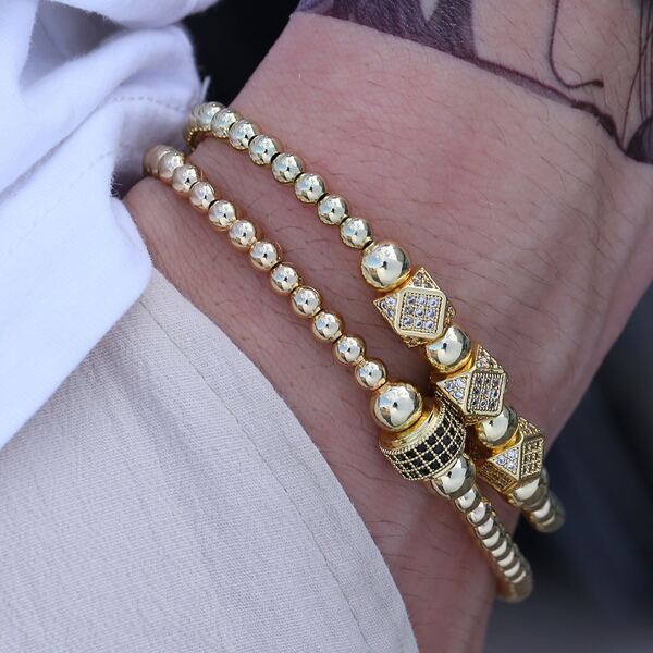 

2pcs Men Rhinestone Decor Beaded Bracelet, Gold