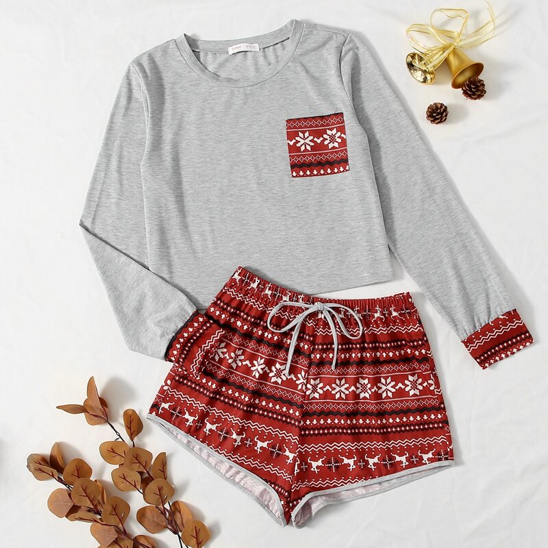 

Christmas Pattern Pocket Patched PJ Set, Multicolor