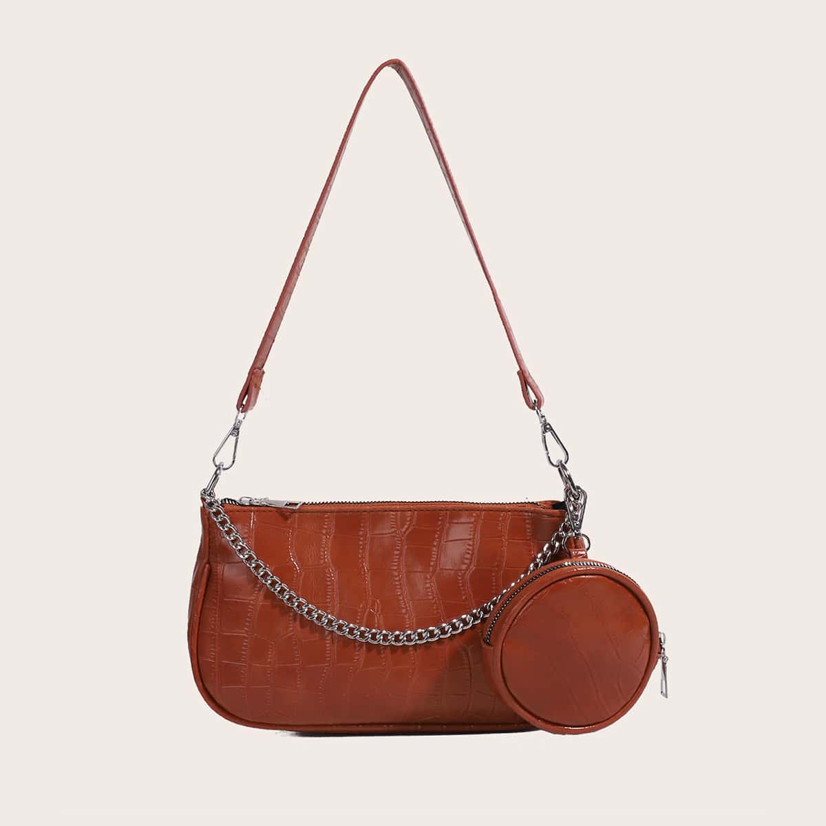 

Croc Embossed Baguette Bag With Purse, Brown