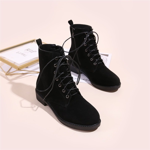 

Side Zip Suede Lace-up Boots, Black