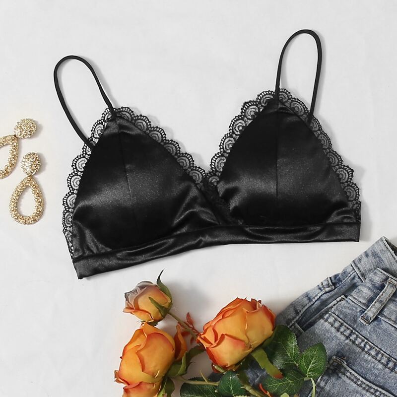 

Lace Trim Triangle Bralette, Black
