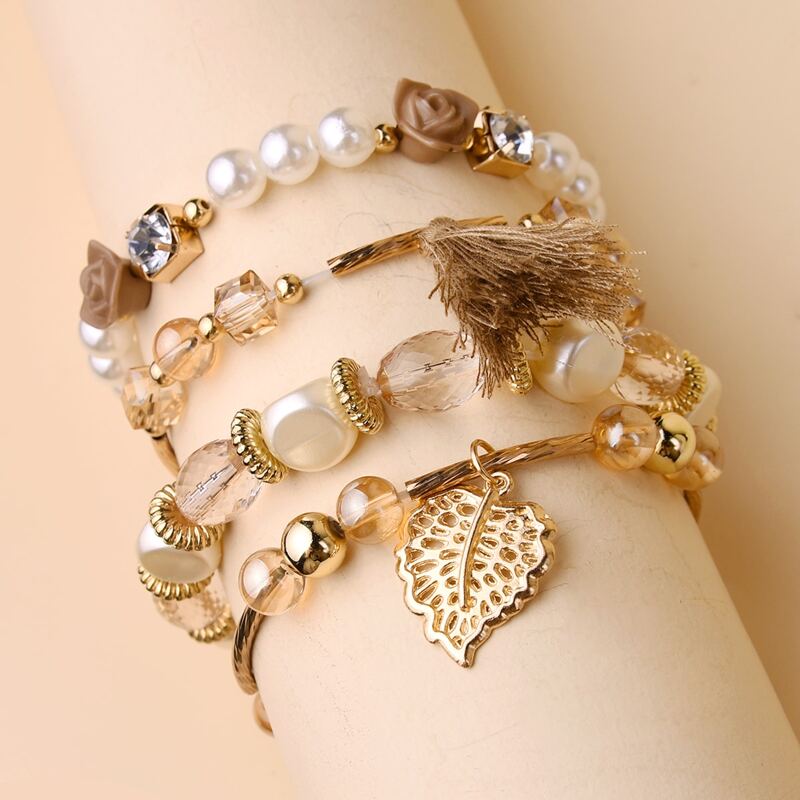 

4pcs Tassel & Leaf Charm Bracelet, Multicolor