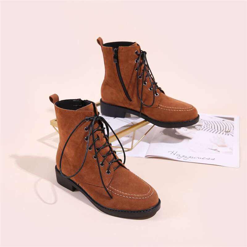 

Side Zip Suede Lace-up Boots, Brown
