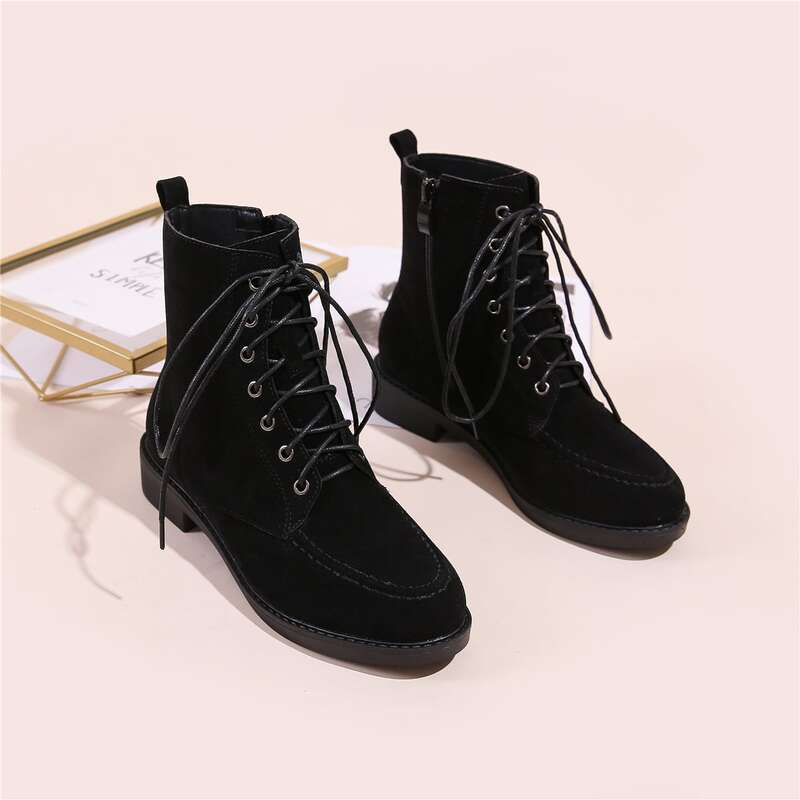 

Side Zip Suede Lace-up Boots, Black