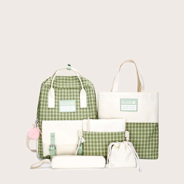

5pcs Plaid Backpack Set, Green