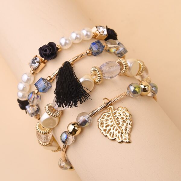 

4pcs Tassel & Leaf Charm Bracelet, Multicolor