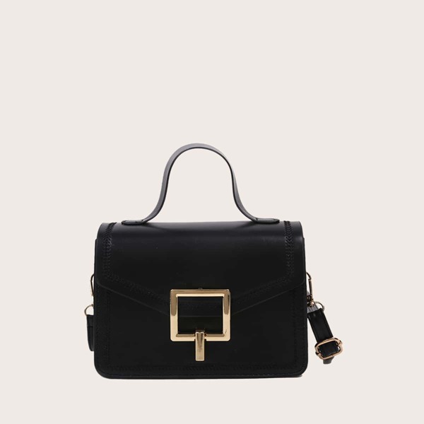 

Metal Lock Flap Satchel Bag, Black