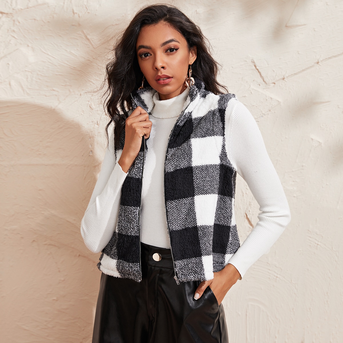 Image of Buffalo Plaid Teddy Vest Jacket