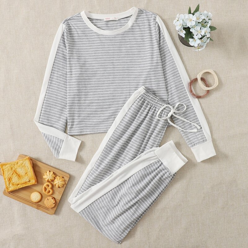 

Stripe Contrast Binding Lounge Set, Light grey