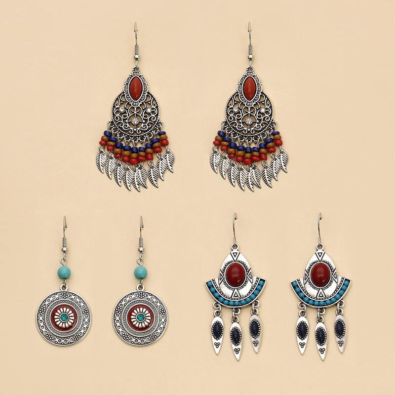 

3pairs Bohemian Round Decor Tassel Drop Earrings, Multicolor