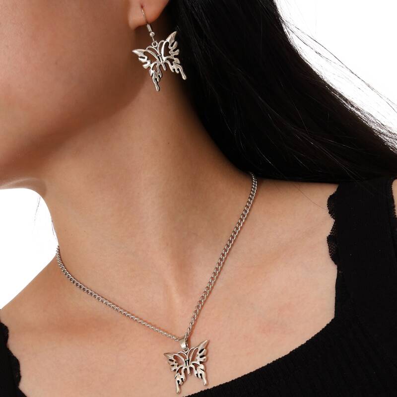 

1pair Butterfly Drop Earrings & 1pc Necklace, Silver